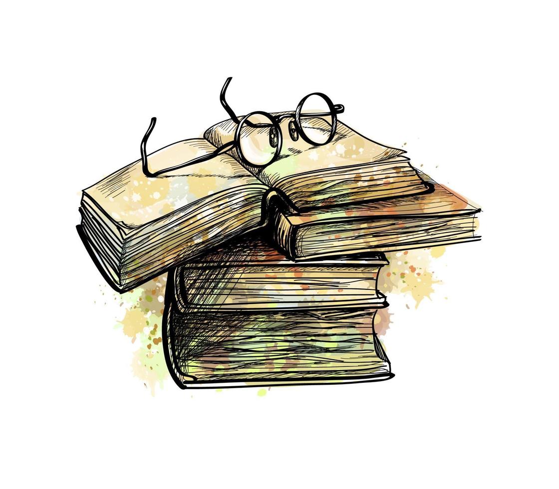 Eyeglasses on top stack books and open book from a splash of watercolor, hand drawn sketch. Vector illustration of paints