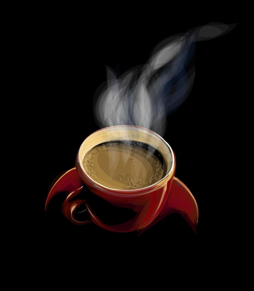 Red cup of coffee with smoke on a black background. Vector illustration of paints