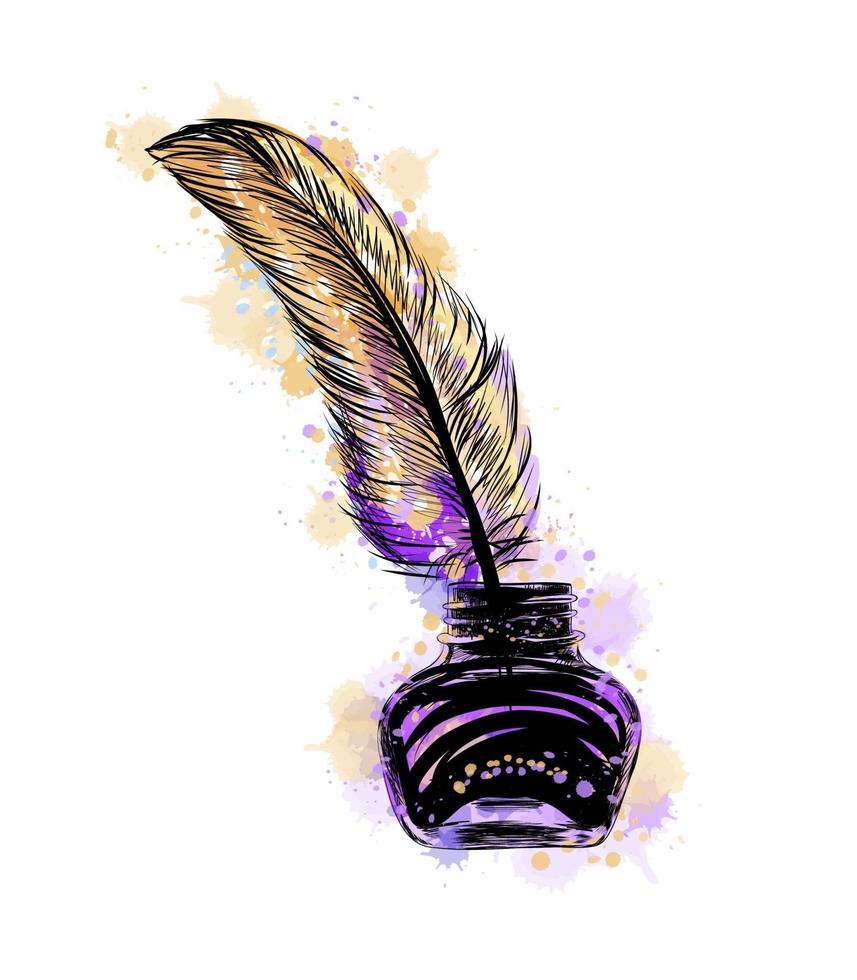 Inkwell with feather from a splash of watercolor, hand drawn sketch. Vector illustration of paints