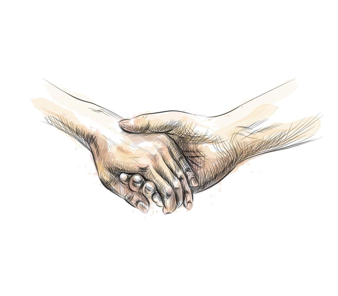 Colored hand sketch holding hands from a splash of watercolor. Vector  illustration of paints 2219096 Vector Art at Vecteezy