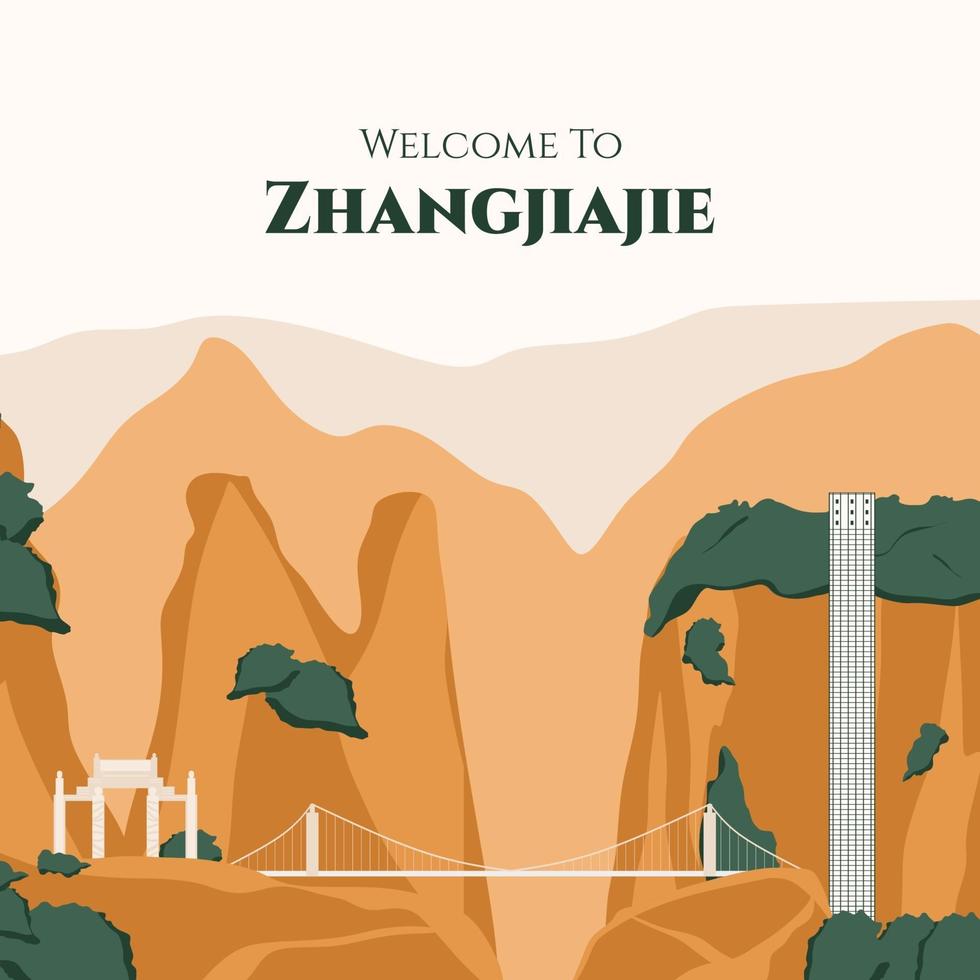 bienvenido a china vector plano. conjunto de monumentos famosos como el parque forestal nacional de zhangjiajie, el puente de cristal, el ascensor bailong, etc., famosa atracción natural de asia ilustración minimalista