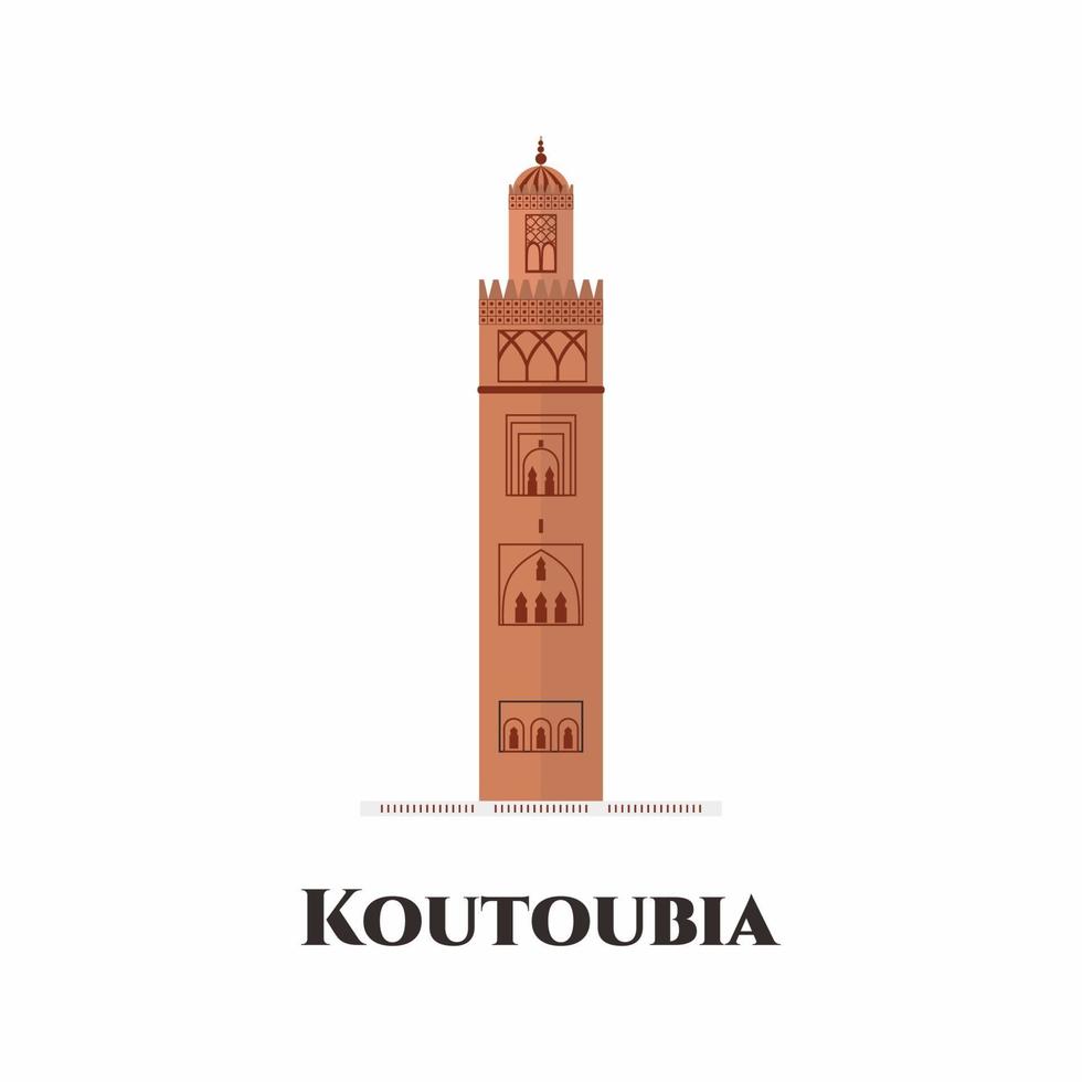 The Kutubiyya Mosque or Koutoubia Mosque in Marrakesh, Morocco. The largest mosque. This place very recommended to visit. World travel and tourism concept flat vector isolated on white background.