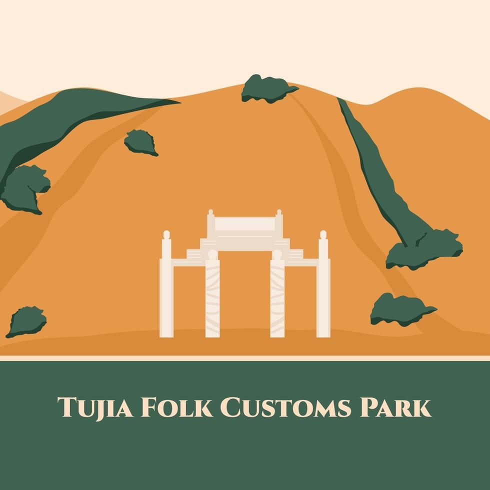 parque de aduanas populares de tujia en zhangjiajie hunan, china. parque cultural con arquitectura tradicional tujia. Bueno para destino turístico con edificios clásicos. ilustración vectorial plana de dibujos animados vector