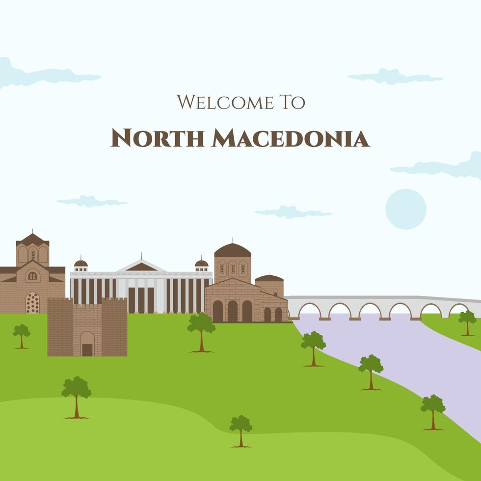 Welcome to North Macedonia vector flat illustration with famous building landmark such as St. John the Theologian, Samoil's Fortress, Monastery of St. Naum, Museum of Macedonia and Stone bridge