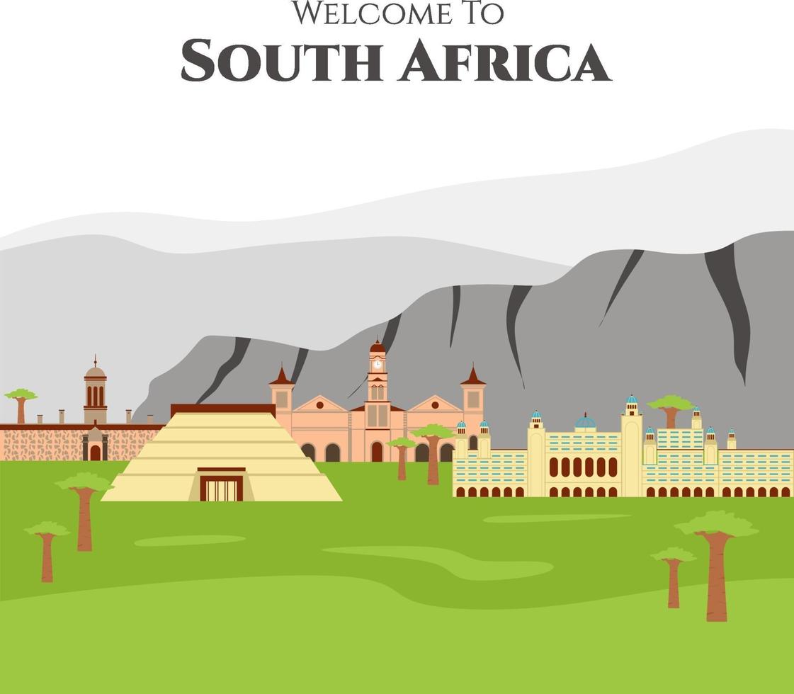 bienvenido a sudáfrica. país sudáfrica viajes vacaciones de lugar y característica. conjunto de edificio emblemático que debes visitar. diseño de plantilla de infografía en estilo plano. ilustración vectorial vector