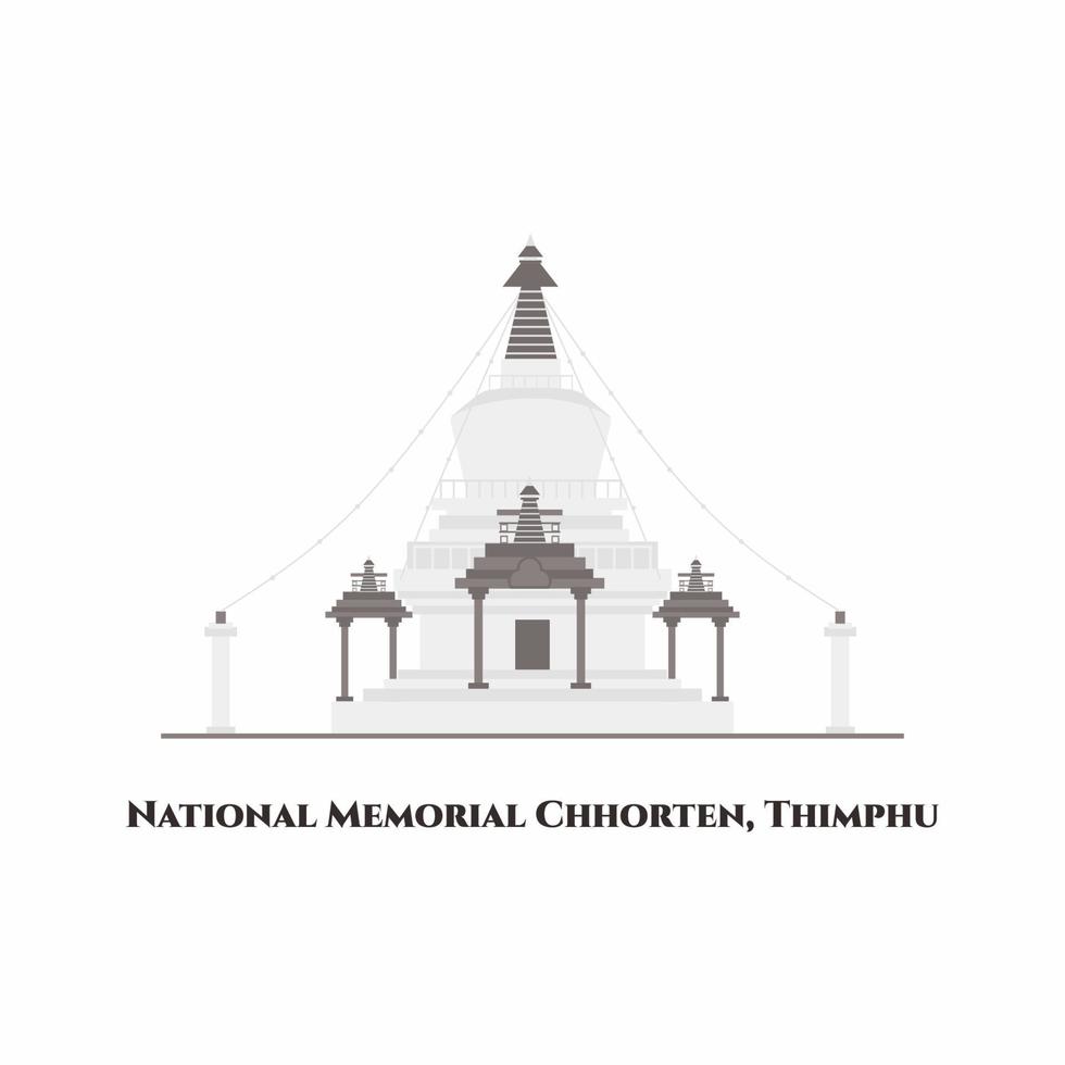 National Memorial Chhorten in Thimphu, Bhutan. The Memorial Stupa, an unique architectural landmark attraction. It is dedicated to World Peace. One of the most visited sight. Vector flat cartoon