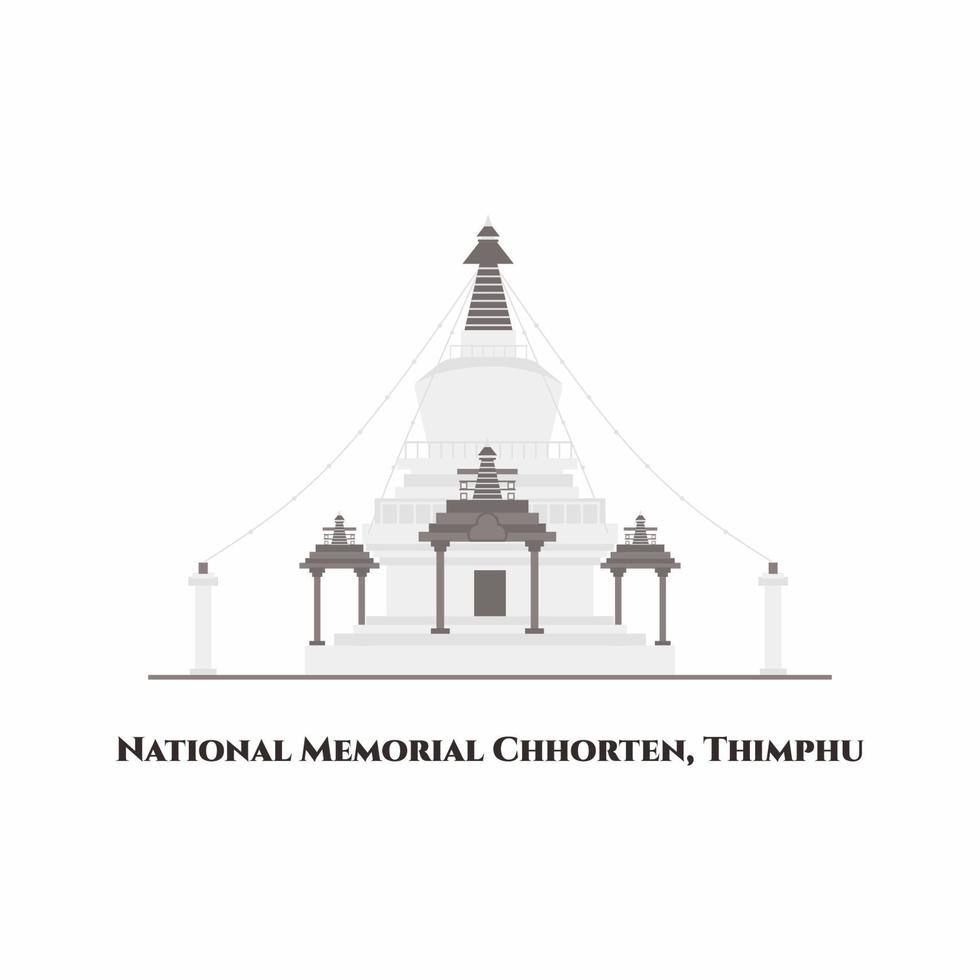 chhorten conmemorativo nacional en thimphu, bután. la estupa conmemorativa, una atracción arquitectónica única. está dedicado a la paz mundial. una de las vistas más visitadas. vector de dibujos animados plana