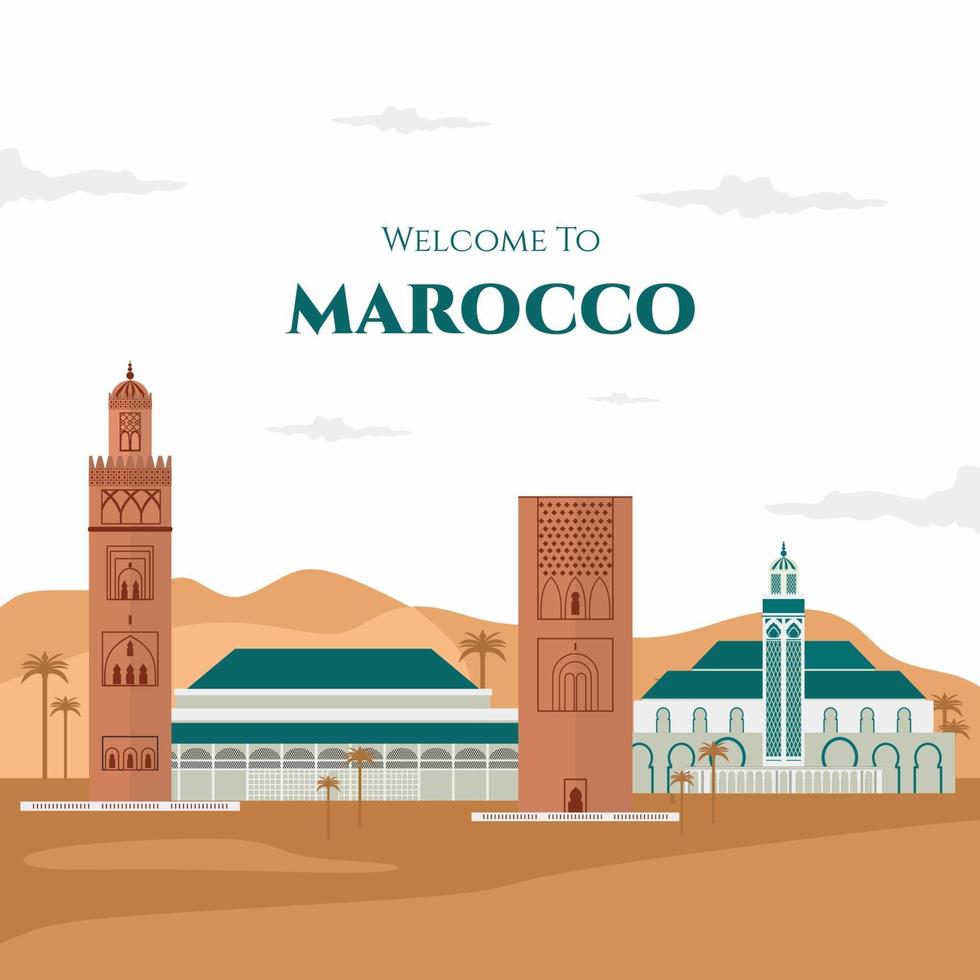 Colorful welcome to Morocco banner design. Morocco travel destination in Africa with city landmark buildings. Sightseeing tour to Morocco. Flat cartoon vector illustration