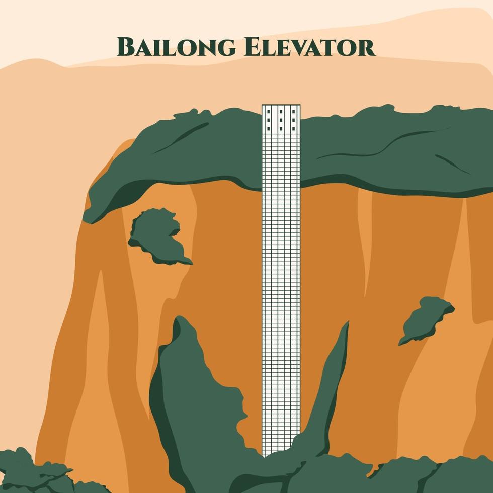 The Bailong Elevator. A glass elevator built onto the side of a huge cliff in the Wulingyuan area of Zhangjiajie. World famous landmark in cartoon flat icon. Definitely a must not miss item. vector