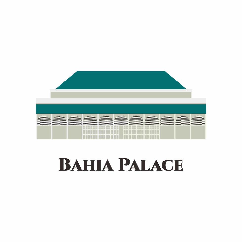 palacio bahia en marruecos. este es un exquisito palacio de marrakech, palacio diseñado con 160 habitaciones. Vale la pena el viaje por la cultura y la diversidad. ilustración de dibujos animados plano de vector