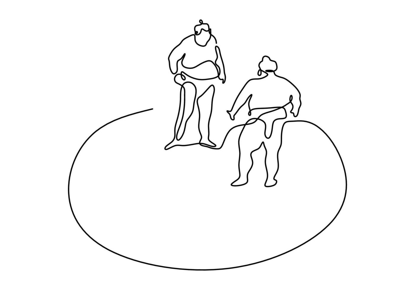 One continuous line drawing of two young big Japanese rikishi men is fight at festival tournament minimalism style isolated on white background. Traditional sumo sport concept. Vector illustration