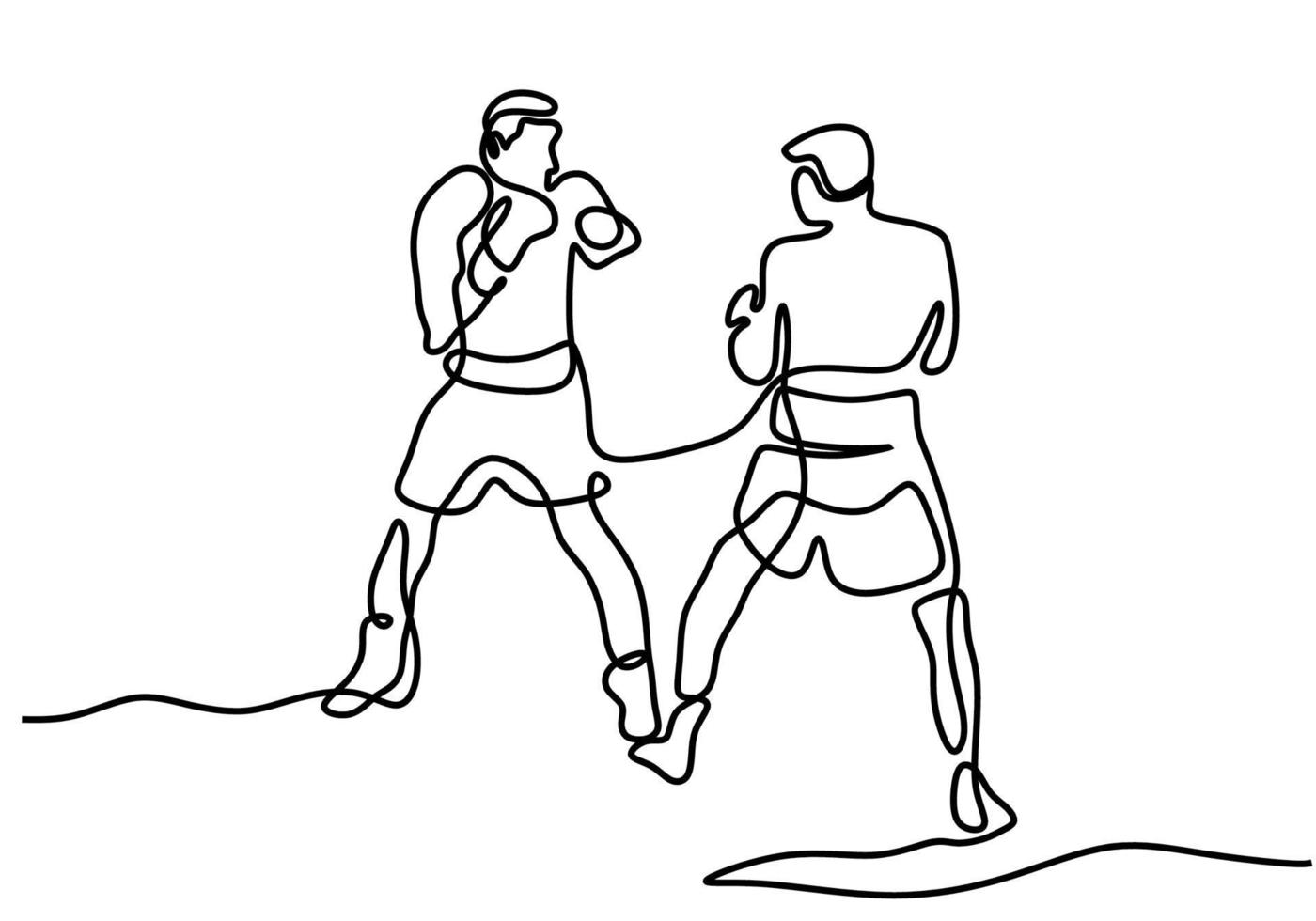 dibujo continuo de una línea de dos hombres jugando boxeo en el área del ring. Dos boxeadores profesionales luchan entre sí en un torneo aislado sobre fondo blanco estilo minimalista. ilustración vectorial vector