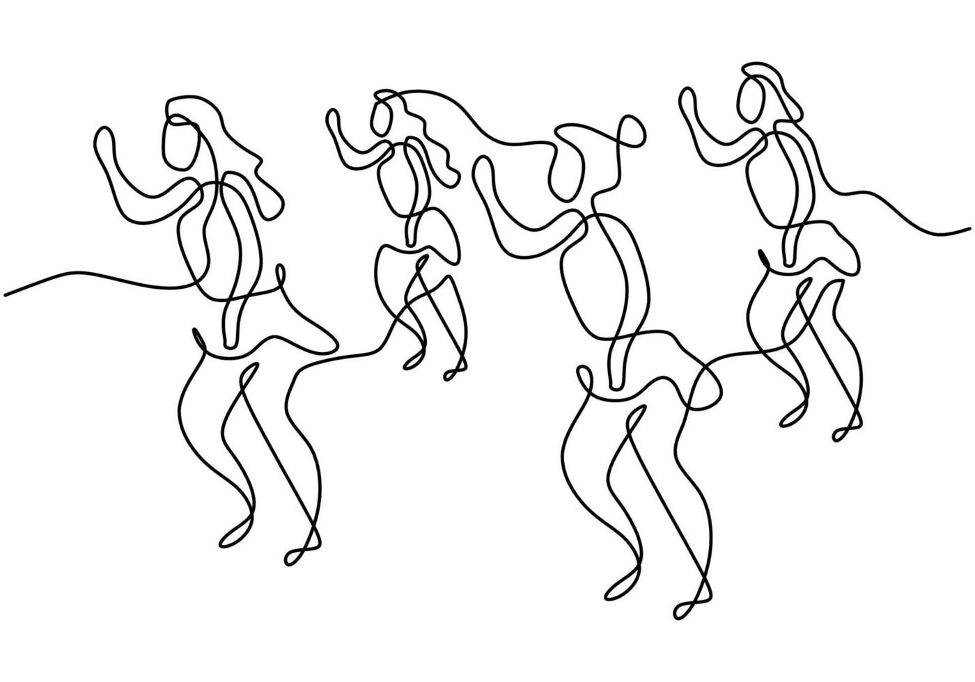 Continuous line drawing of group of girls in zumba dance. Four energetic young womens practice dance isolated on white background. Dance sport and healthy lifestyle concept. Vector illustration