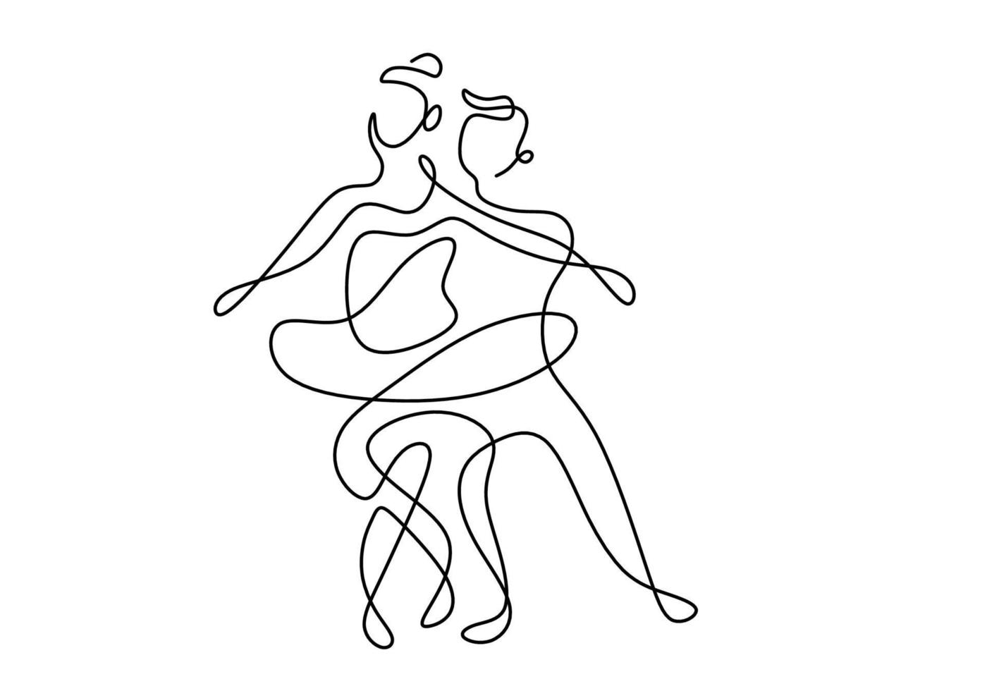 One line drawing of young happy couple male and female is dancing together. A woman and man dancing pose elegantly. Romantic relationship concept isolated on white background. Vector illustration