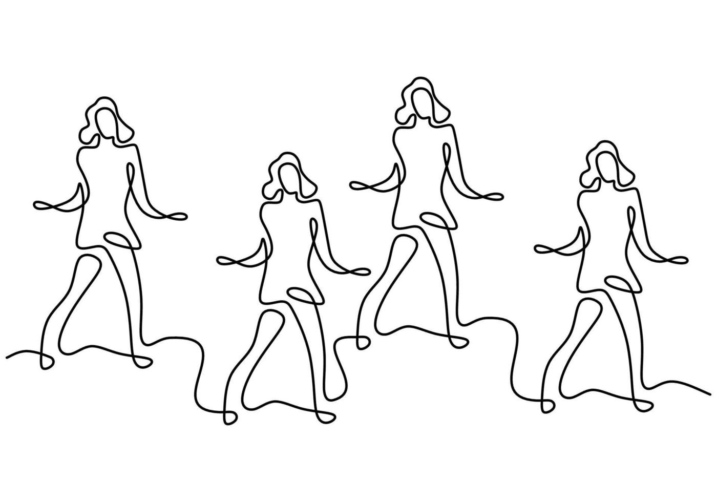 Continuous line drawing of group of girls in zumba dance. Four energetic young womens practice dance isolated on white background. Dance sport and healthy lifestyle concept. Vector illustration