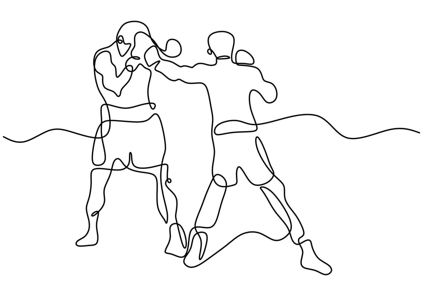 dibujo continuo de una línea de dos hombres jugando boxeo en el área del ring. Dos boxeadores profesionales luchan entre sí en un torneo aislado sobre fondo blanco estilo minimalista. ilustración vectorial vector