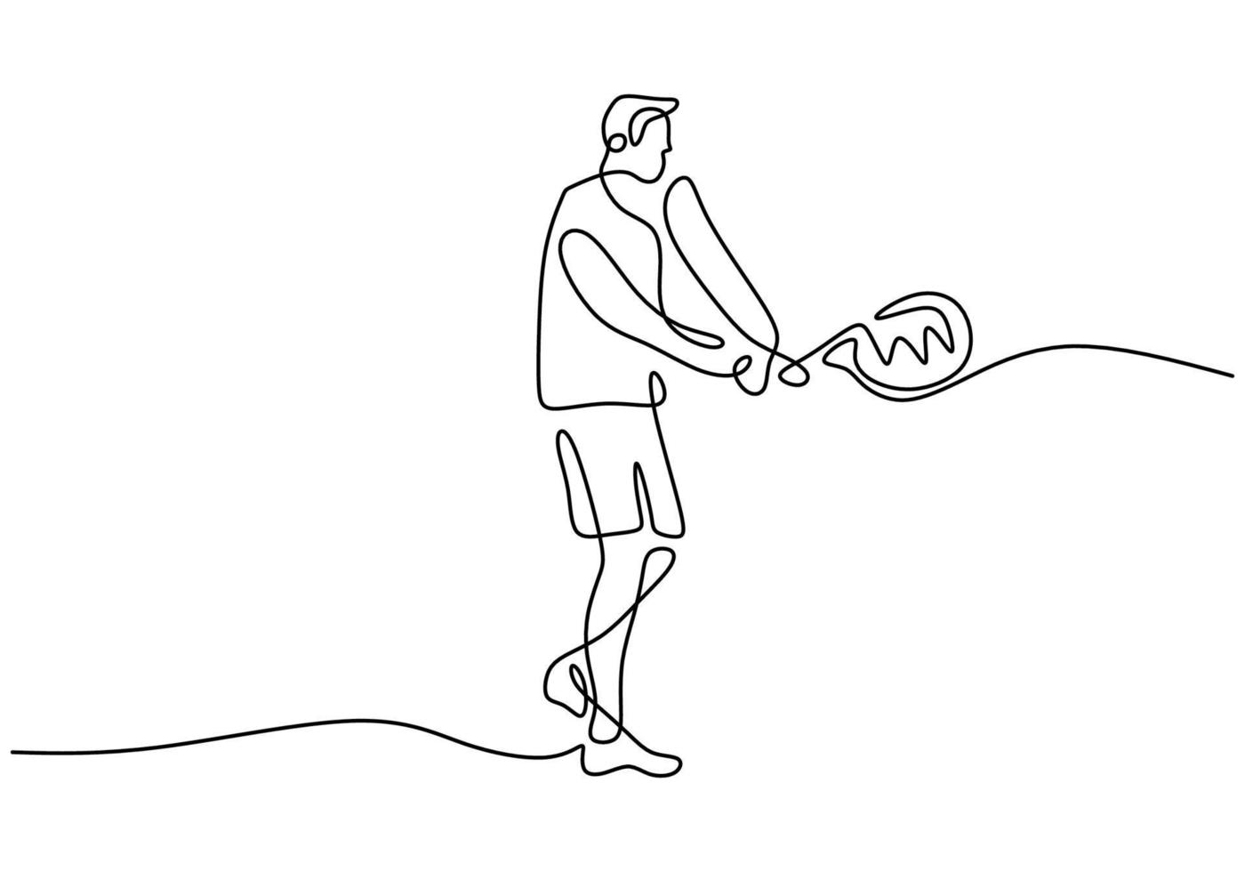 dibujo de línea continua del hombre que sostiene la raqueta para jugar un torneo de tenis. Tenis de práctica masculina enérgica joven aislado sobre fondo blanco. concepto de deporte y estilo de vida saludable. ilustración vectorial vector