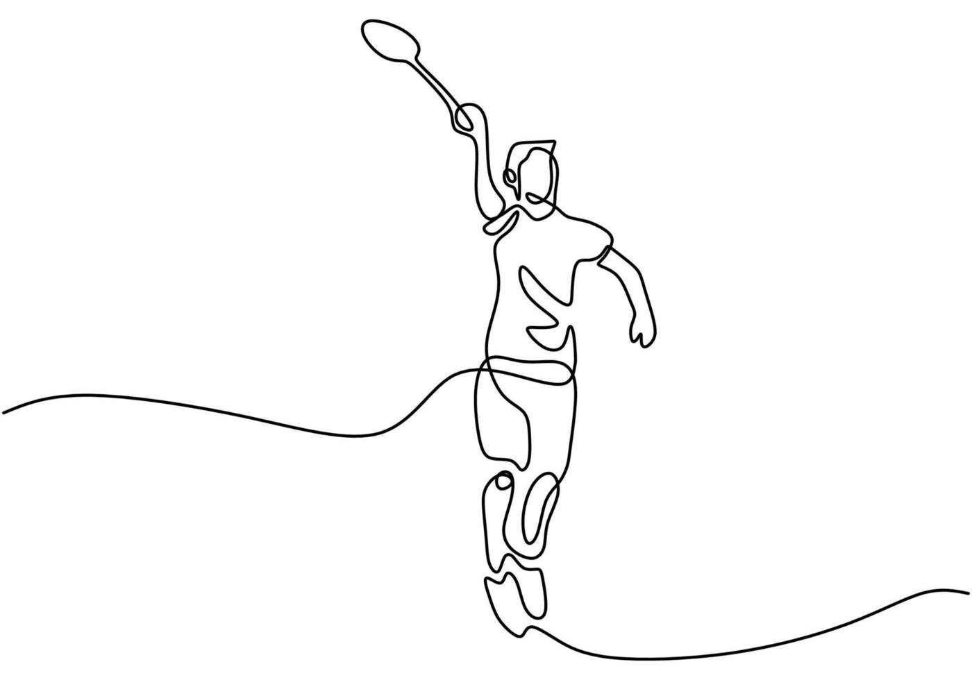 Continuous line drawing of man playing badminton. Character a badminton player is playing with a racket isolated on white background. Sport tournament concept minimalist design. Vector illustration