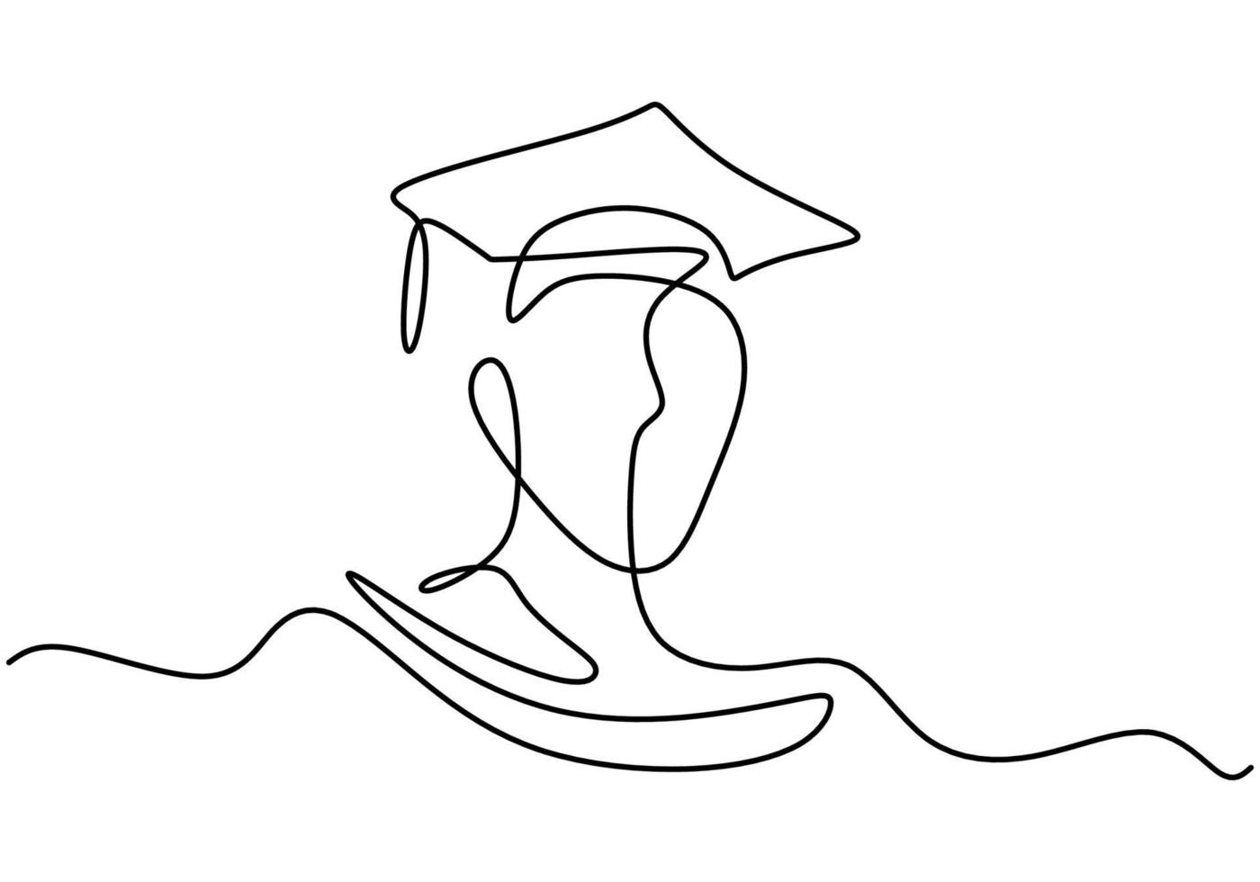 Continuous one line art drawing of happy graduation student wearing graduation hat. College, school pupil celebrating graduation theme isolated on white background. Vector illustration