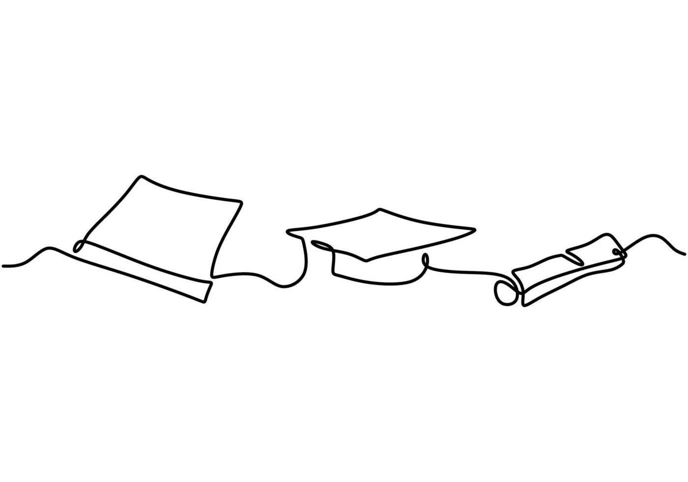 un dibujo de línea continua del sombrero de graduación, el certificado y el rollo de papel de carta de graduación. Concepto de plantilla de icono de elemento de equipo de sombrero de graduación académica aislado sobre fondo blanco. vector