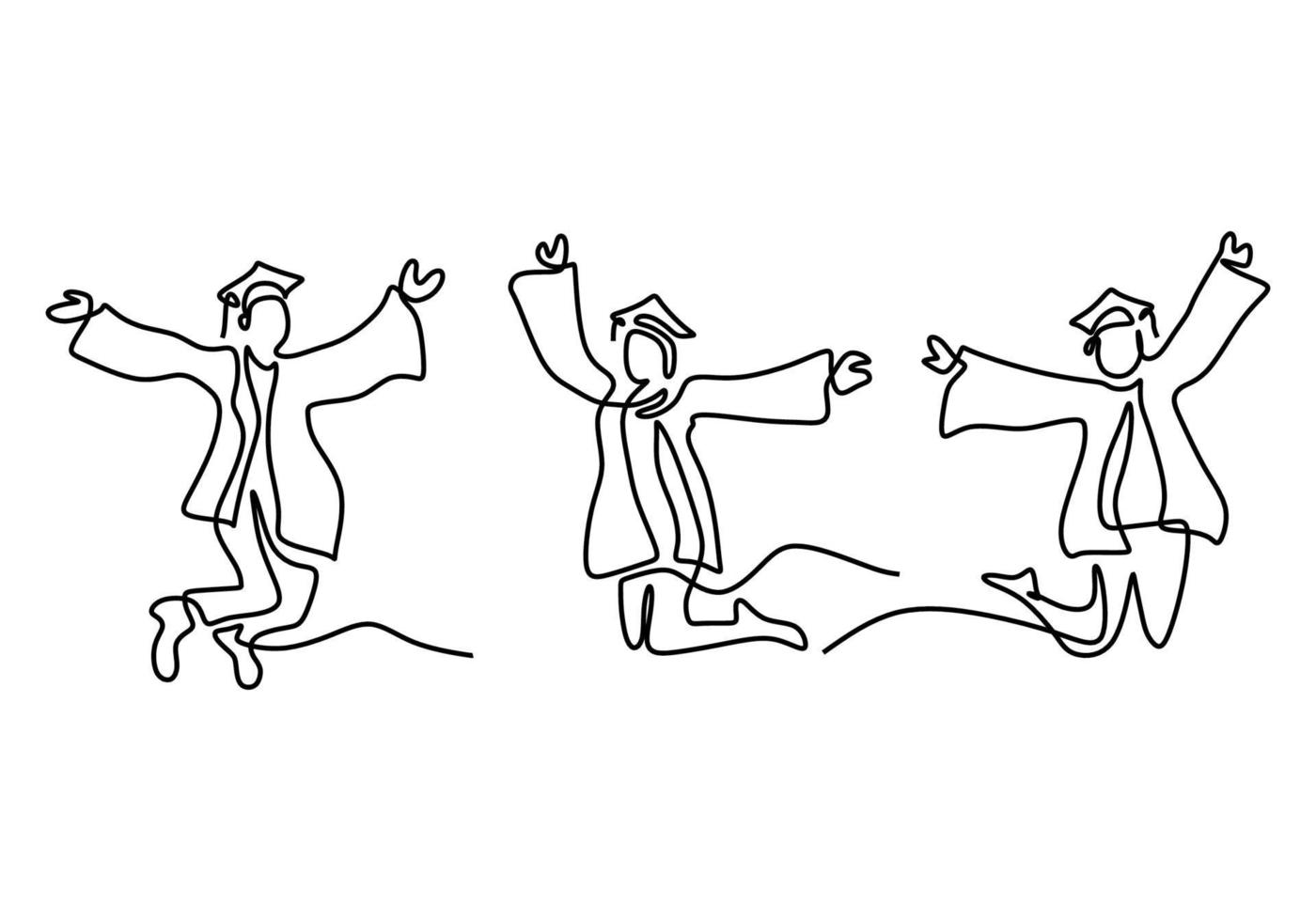 One continuous line group young students in jump joyfully. Happy three teenager student express their graduation while hands up isolated on white background. The concept of graduation celebration vector