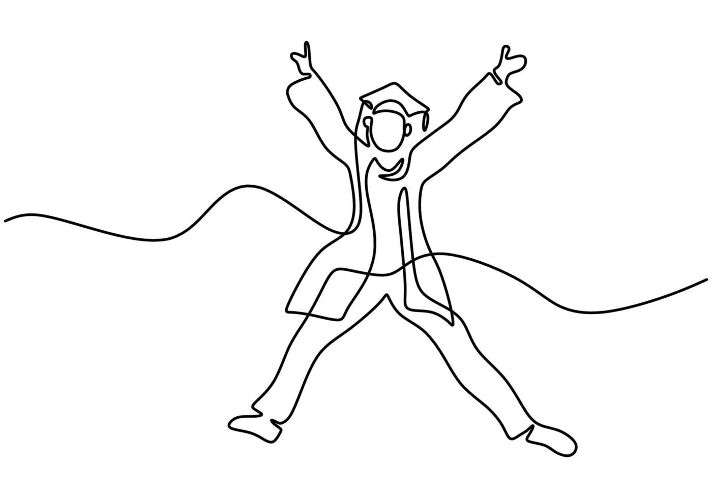 Continuous line drawing of young happy male student jumping to celebrate his final exam result graduation hand drawn art minimalism design. Campus life education concept. Vector illustration