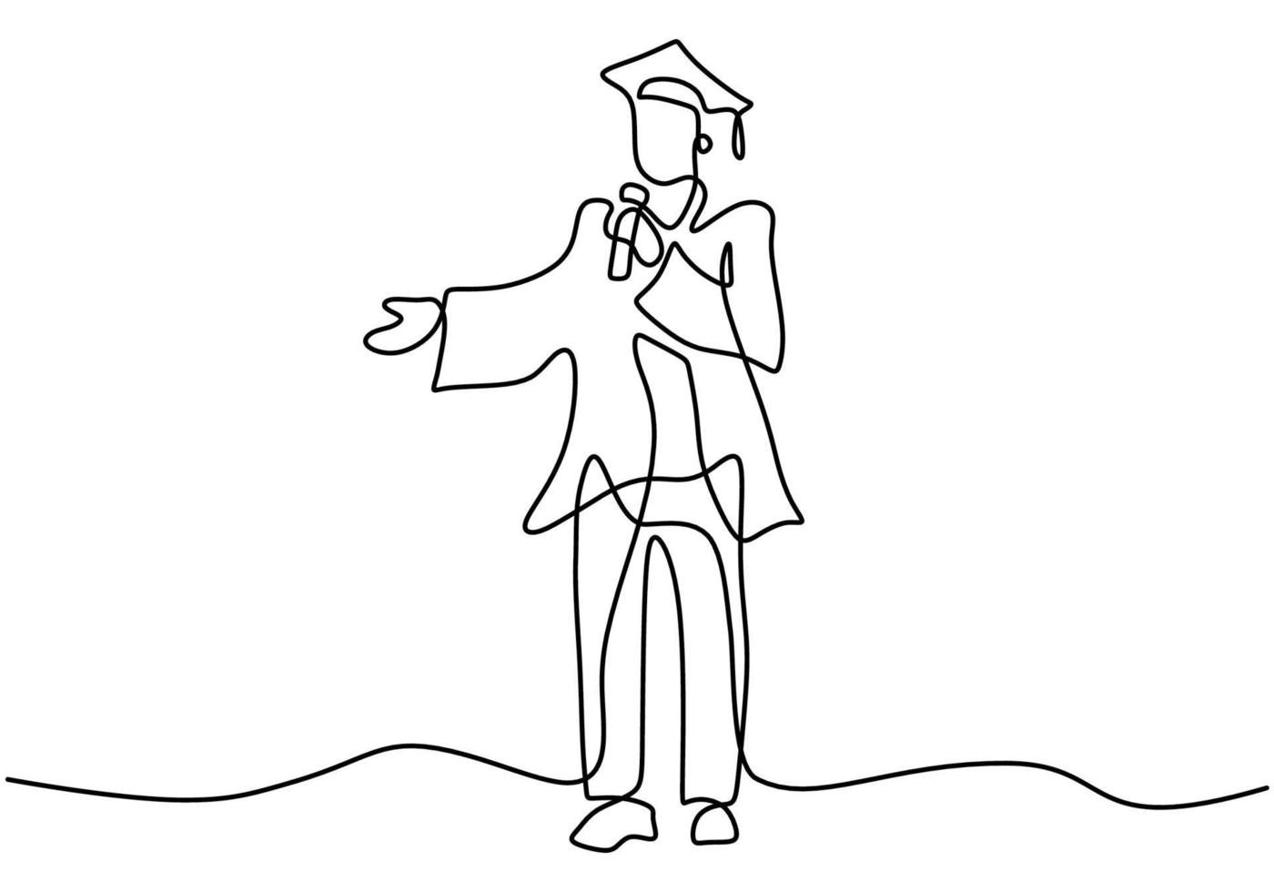 Continuous line art drawing of graduation student made a speech. Young man student standing and speech to audience at the graduation ceremony drawn by hand picture silhouette. Vector illustration