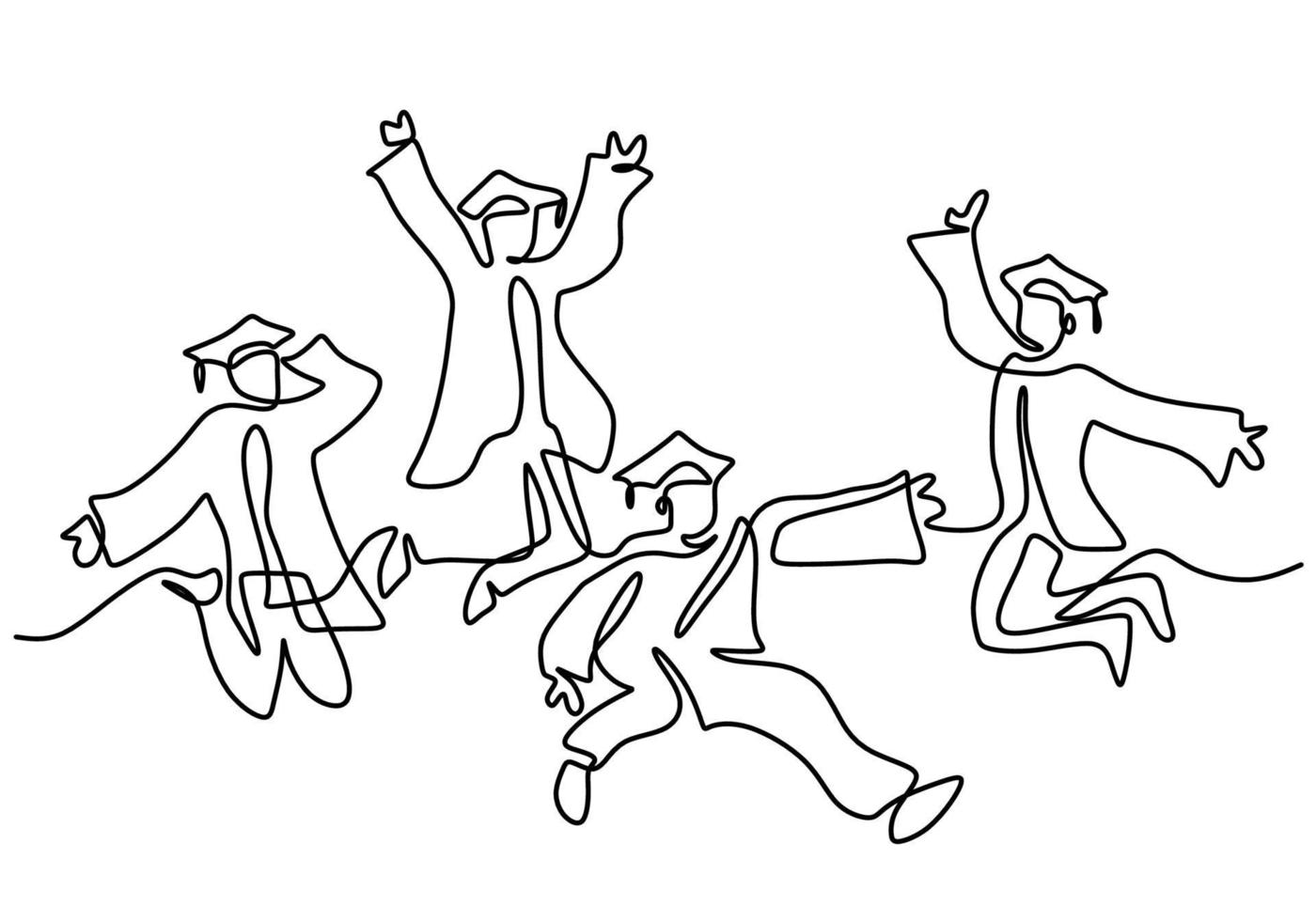 One line drawing of young happy graduate male and female college student jumping hand drawn continuous line art minimalism style on white background. Celebration concept. Vector sketch illustration