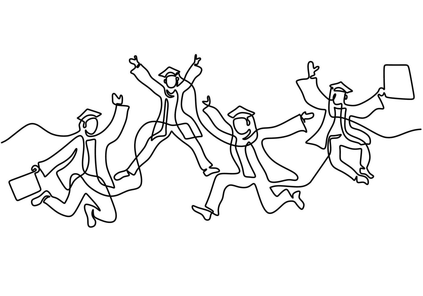 One line drawing of young happy graduate male and female college student jumping hand drawn continuous line art minimalism style on white background. Celebration concept. Vector sketch illustration