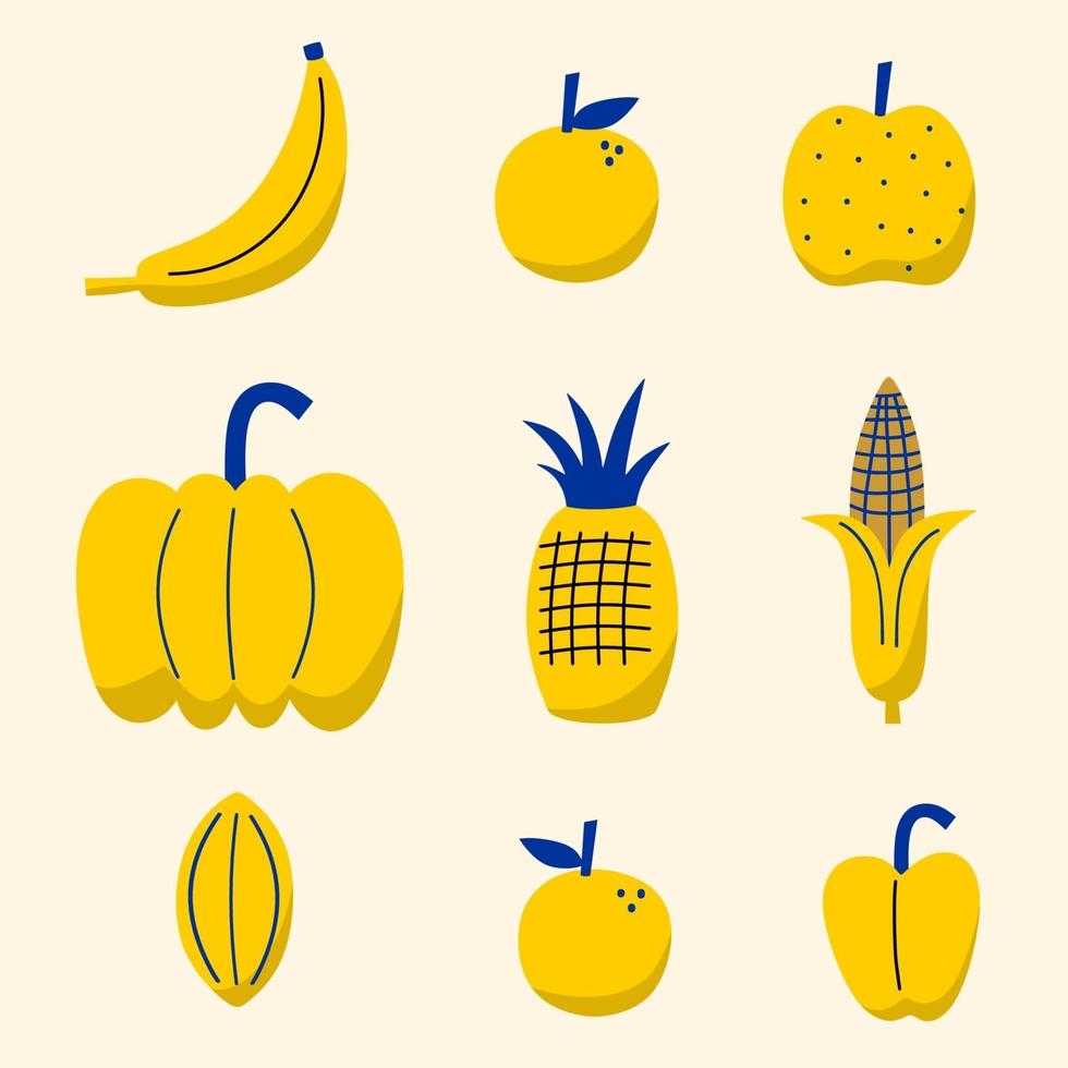 Diseño de mezcla de frutas tropicales sobre fondo blanco. conjunto de iconos de alimentos como plátano, naranja, manzana, calabaza, limón, maíz, carambola. colección de ilustraciones para materiales impresos, envoltura, papel tapiz vector