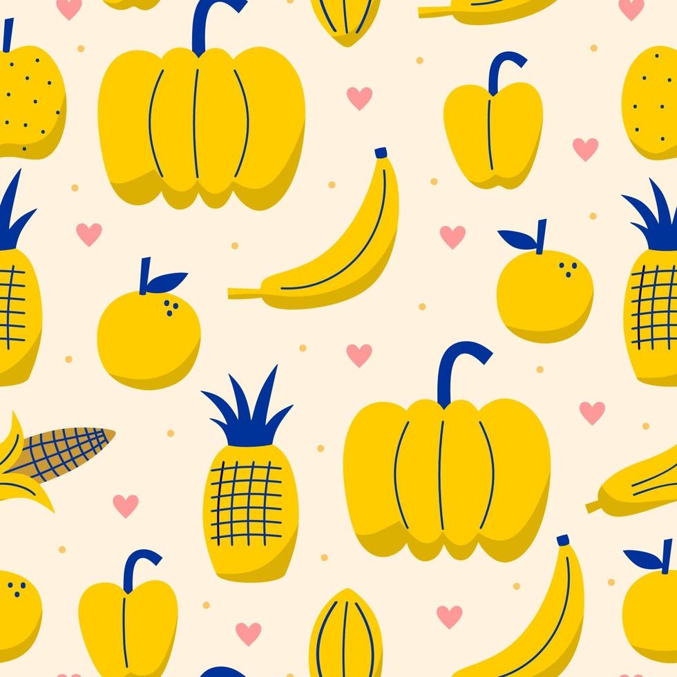 Hand drawn fresh yellow fruit seamless pattern. Tropical fruits includes banana, apple, pineapple, orange, lemon etc. Decorative sketch, good for printing. Vector illustration on white background