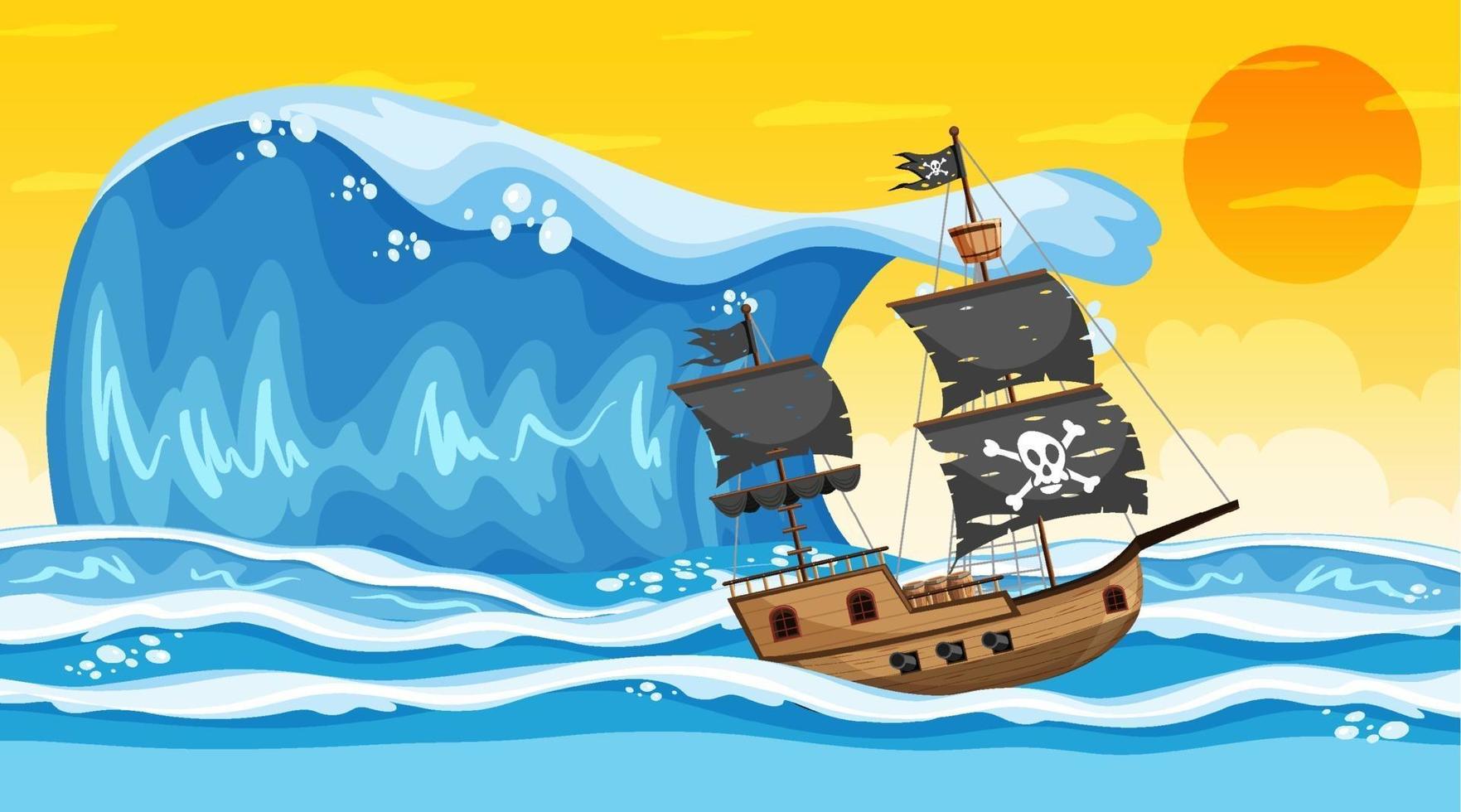 Océano con barco pirata en la escena del atardecer en estilo de dibujos animados vector