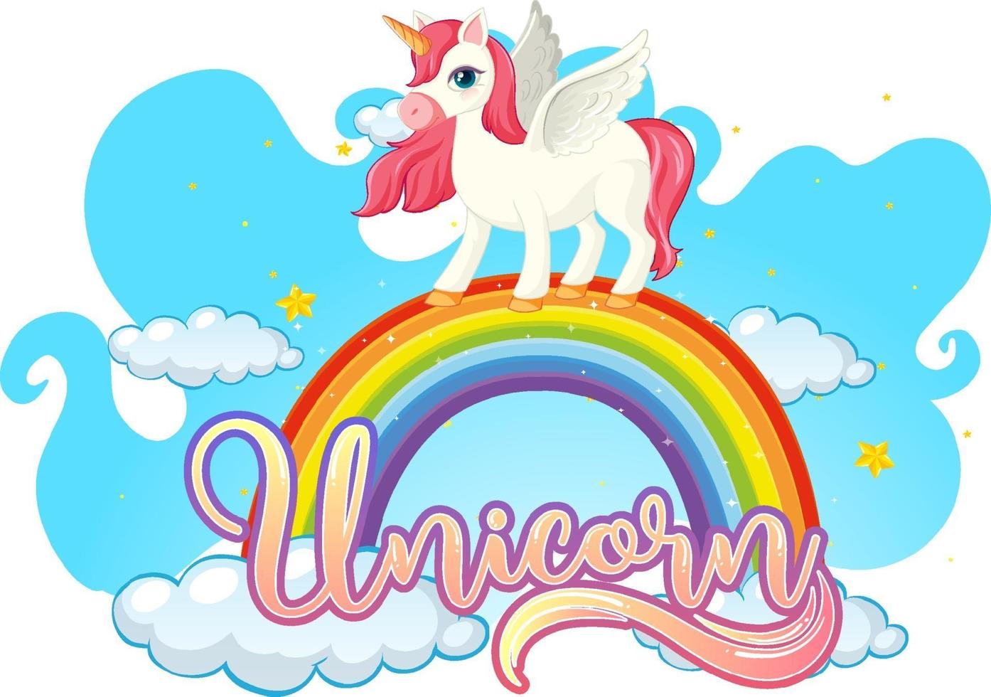 Cartoon character of unicorn standing on rainbow with unicorn font vector
