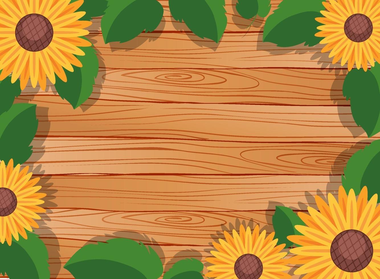 Top view of blank wooden table with leaves and sunflower elements vector