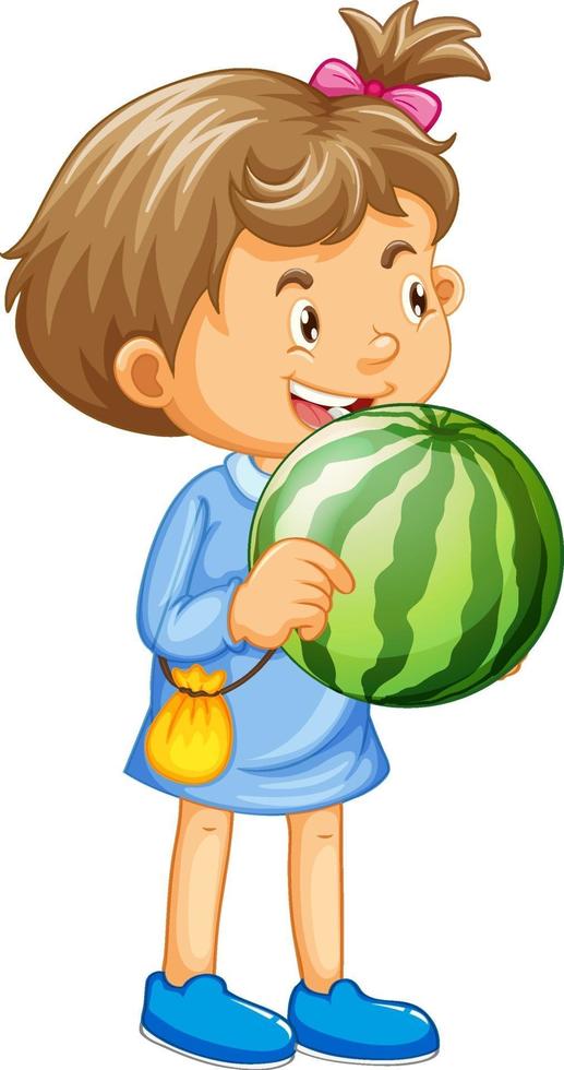 Una niña sosteniendo un personaje de dibujos animados de frutas de sandía aislado sobre fondo blanco. vector