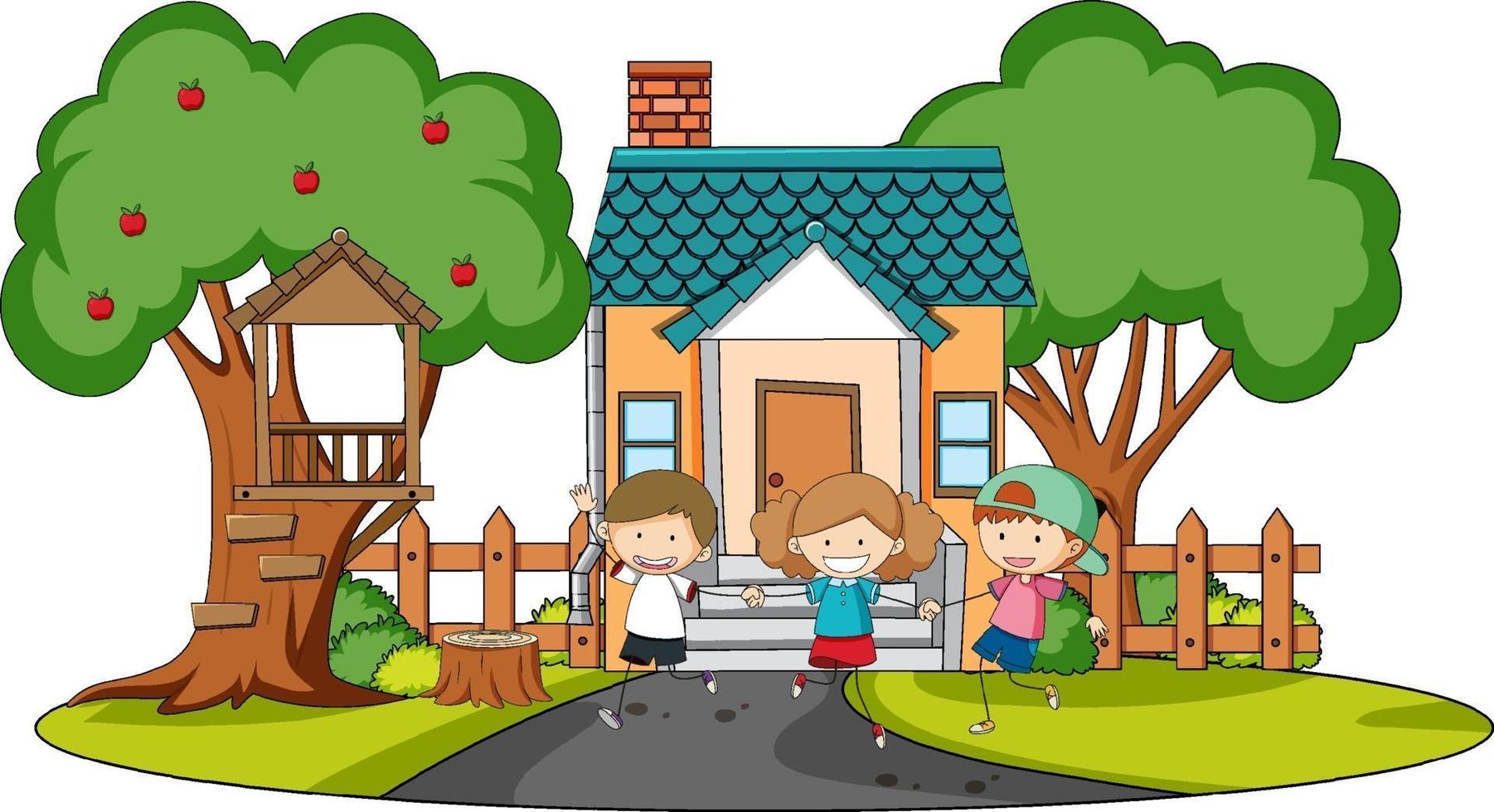 Front view of mini house with many kids on white background vector