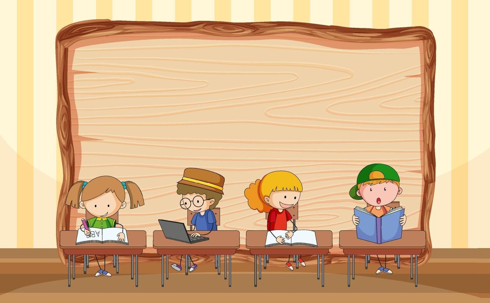 Empty wooden board with many kids doing their homework vector