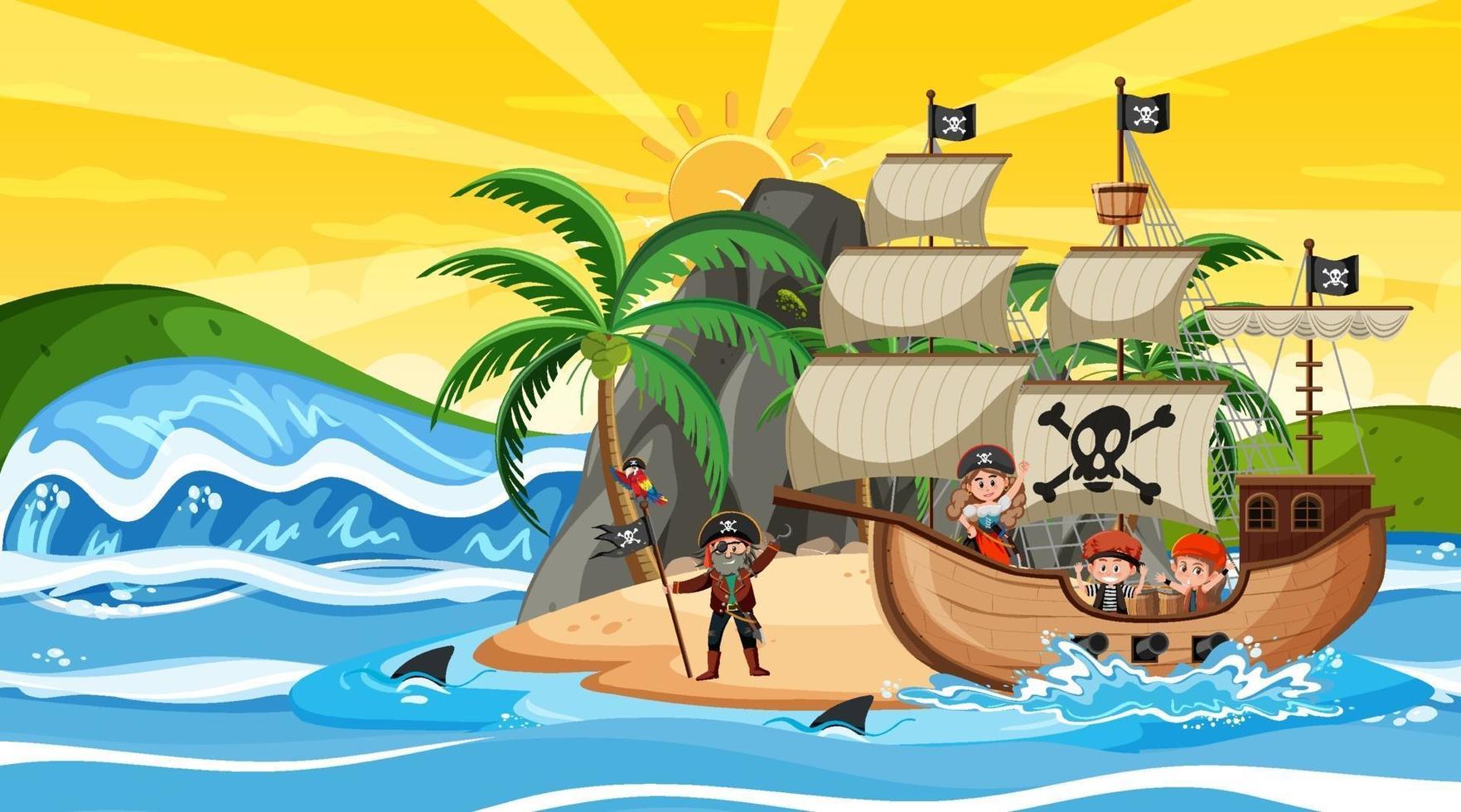 Island with Pirate ship at sunset scene in cartoon style vector