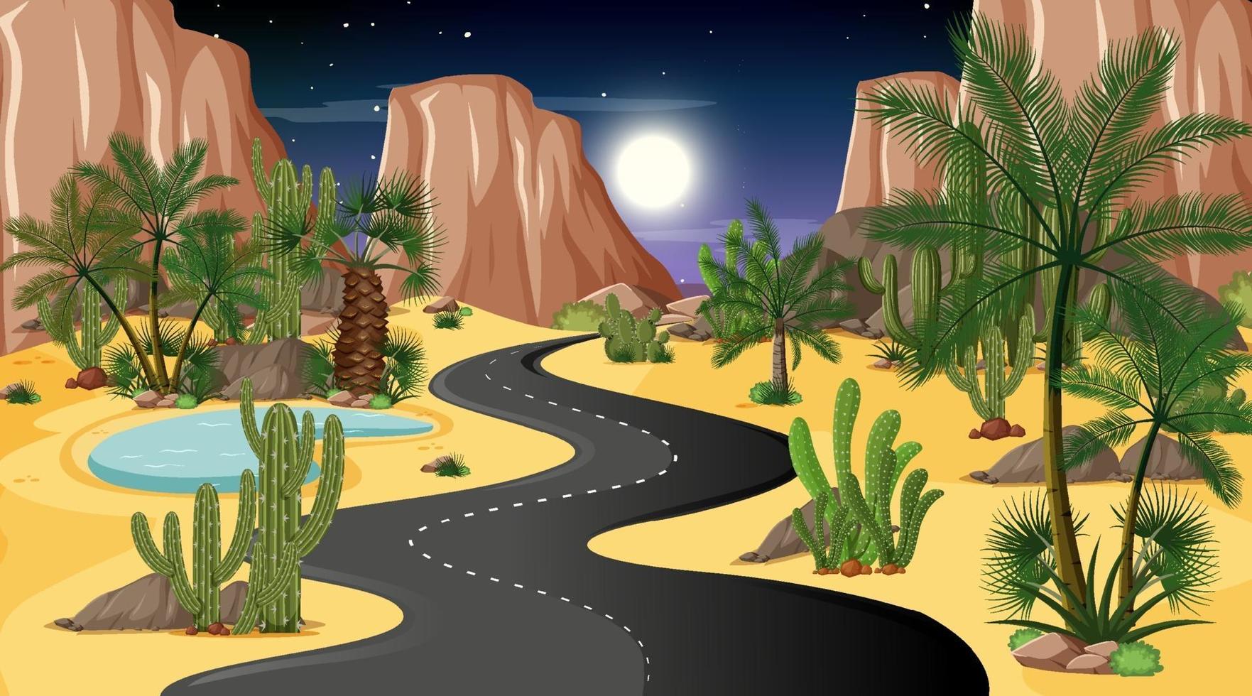 Desert road landscape at night scene vector