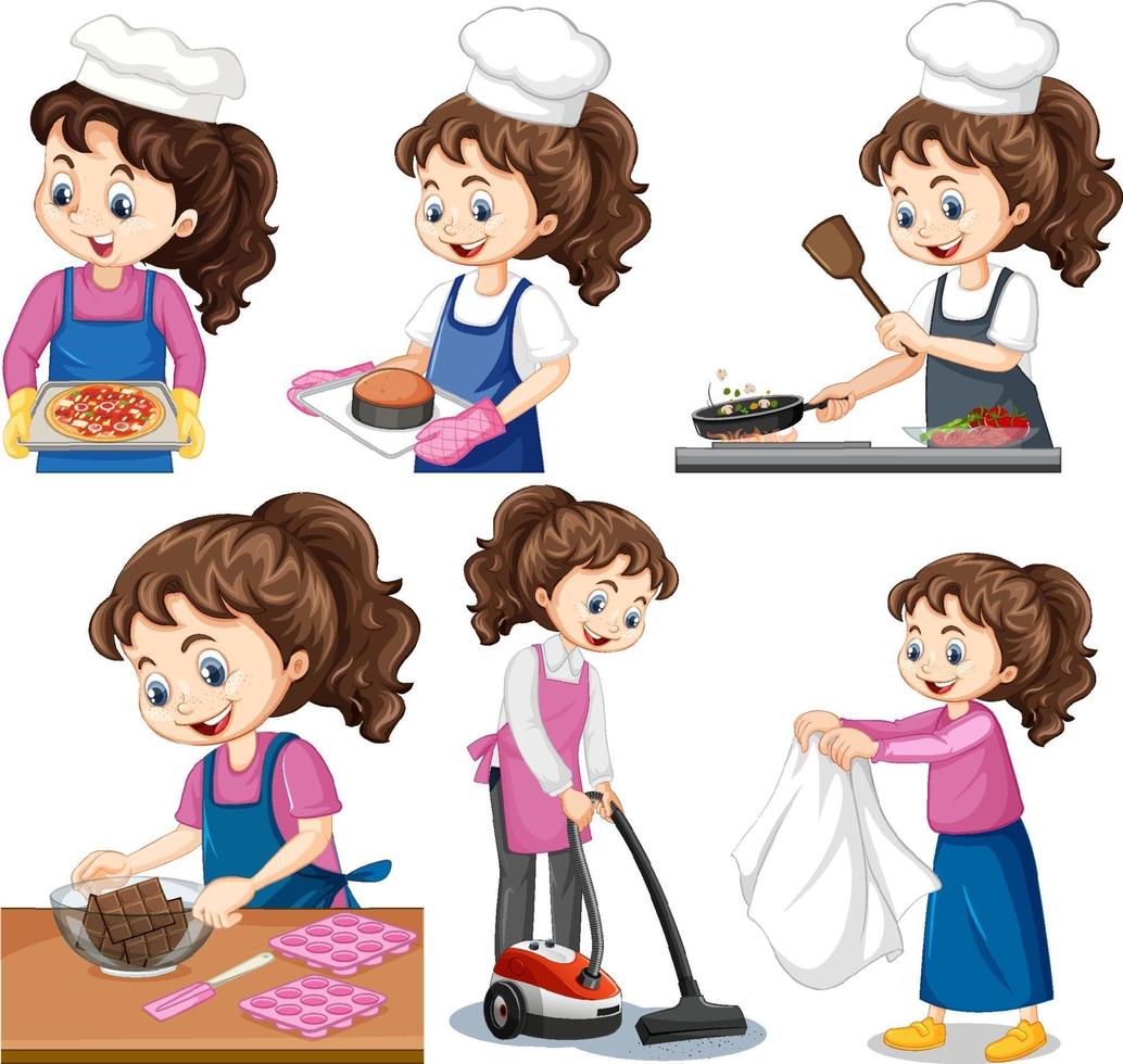 Set of a cute girl doing different activities vector