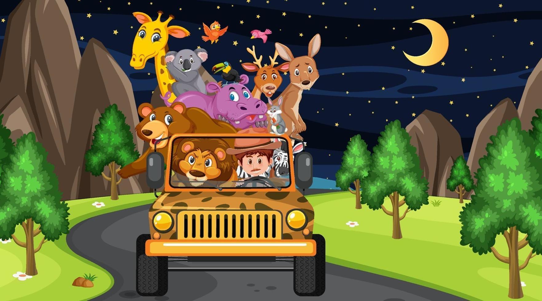 concepto de zoológico con grupo de animales salvajes en el coche jeep vector