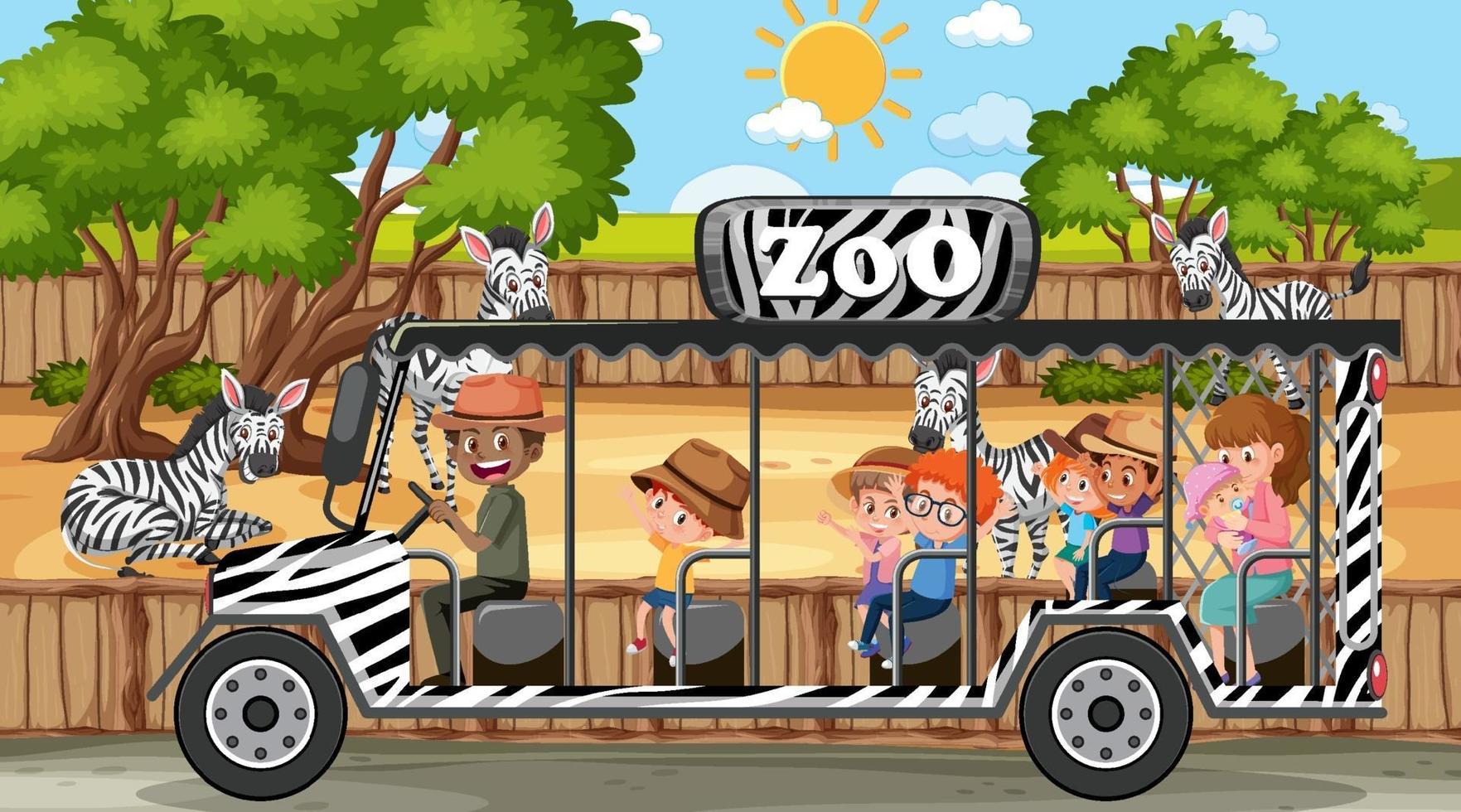 Safari at daytime scene with children watching zebra vector