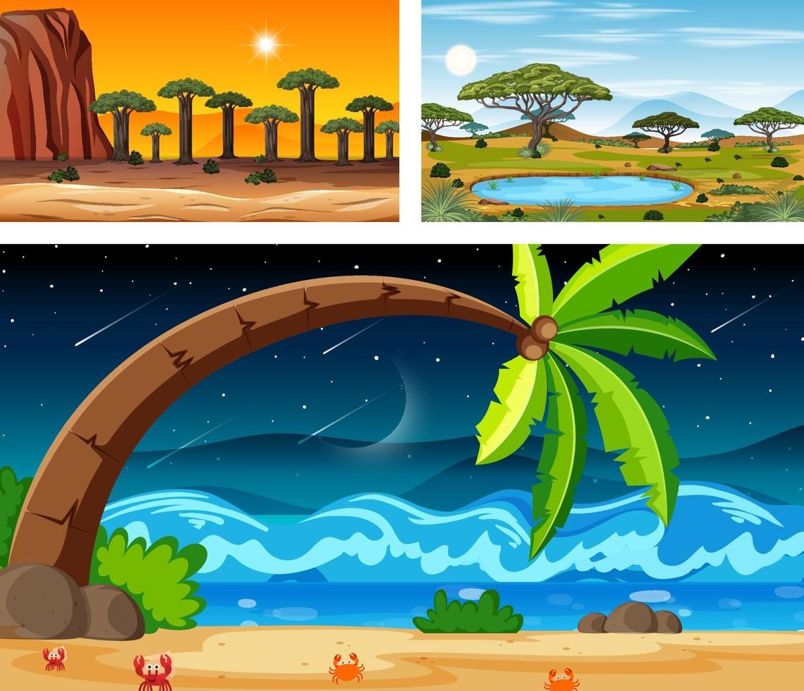 Three different nature landscape scenes vector