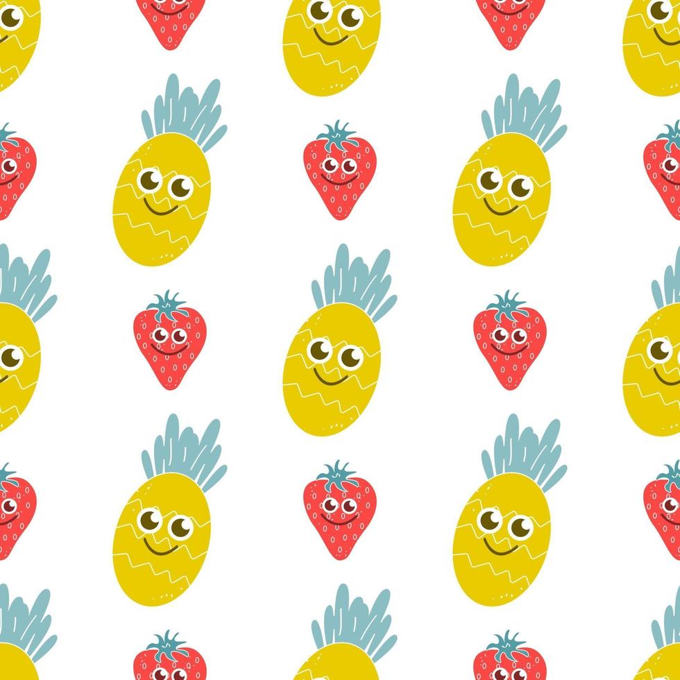 Smiling pineapple and strawberry on a white background. Bright, juicy vector seamless pattern. Children's decor, fruits, berries