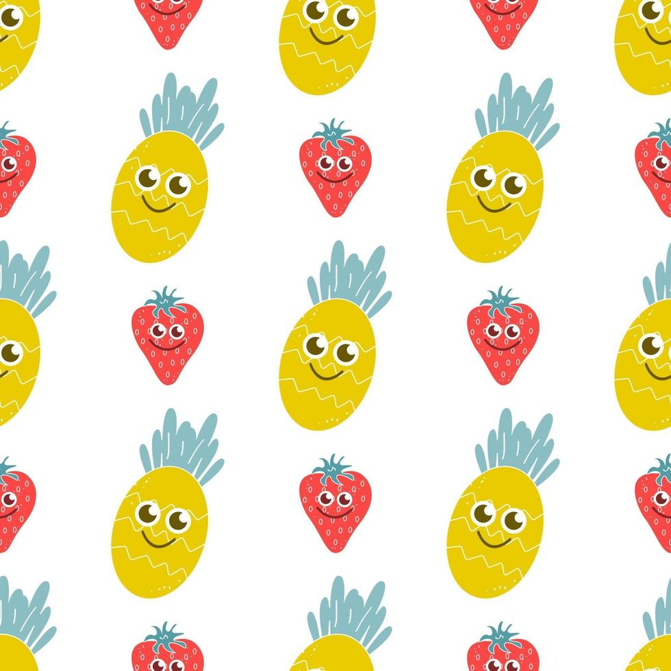 sonriente piña y fresa sobre un fondo blanco. Patrón transparente de vector brillante y jugoso. decoración infantil, frutas, bayas