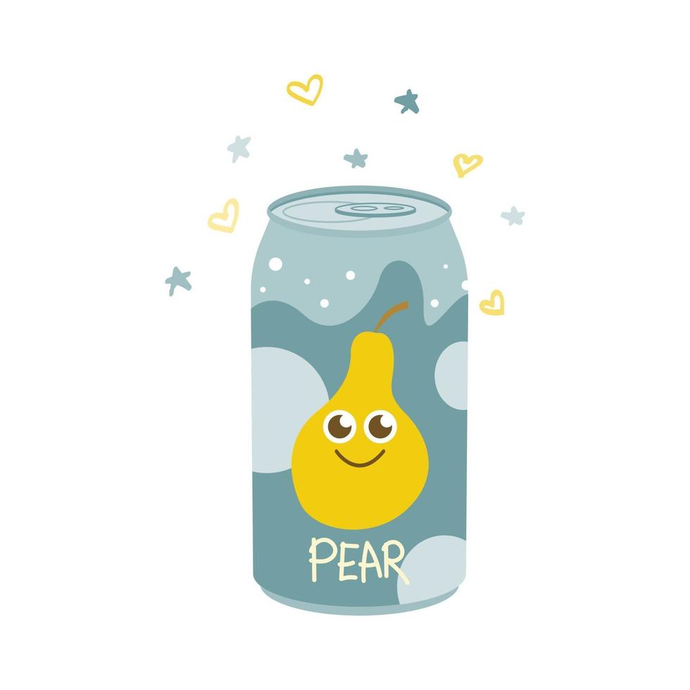 Non-alcoholic pear drink in an aluminum can. Cold carbonated juice, sweet water. Vector illustration in a flat style on a white background