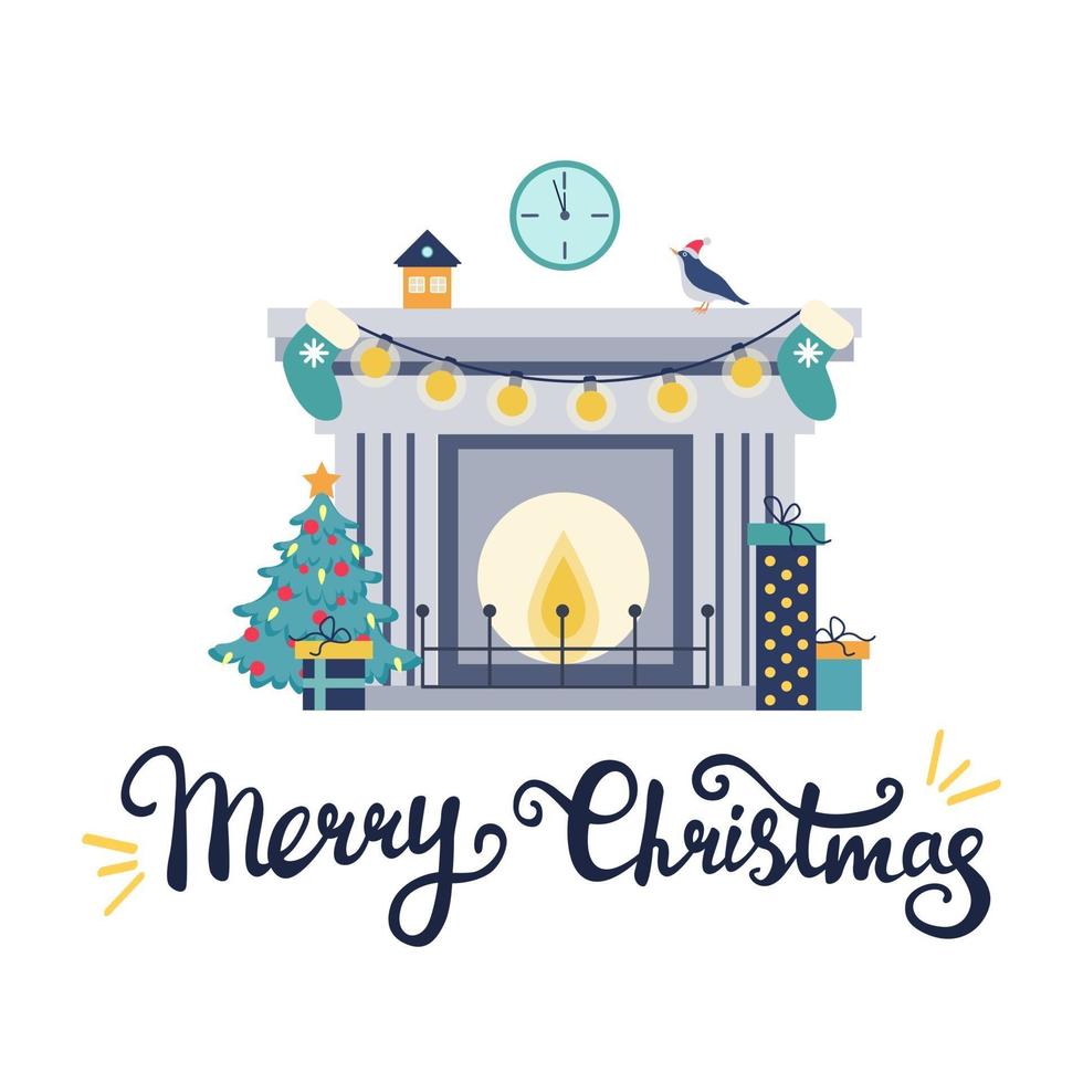 Illustration with a fireplace with a Christmas tree, gifts and festive decor and the inscription Merry Christmas on a white background. Vector flat style. Postcard, print