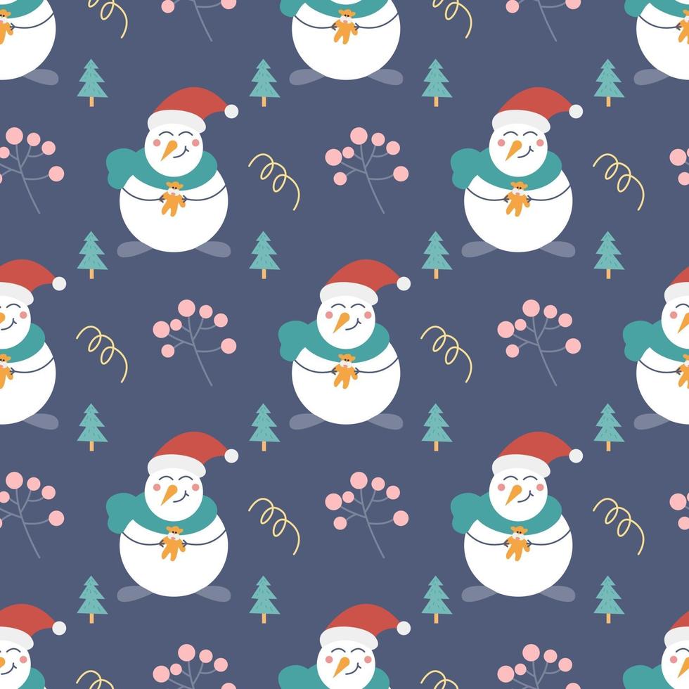 Snowman with a gift, Christmas trees and other decorative elements on a blue background. Christmas and new year printing. Vector seamless pattern. Children's decor