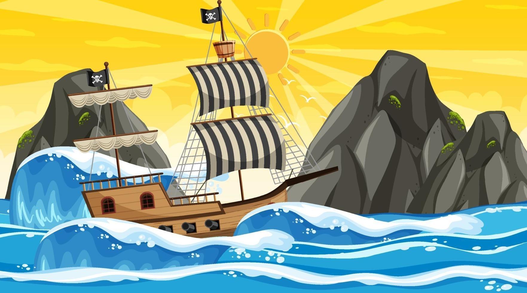 Ocean with Pirate ship at sunset time scene in cartoon style vector