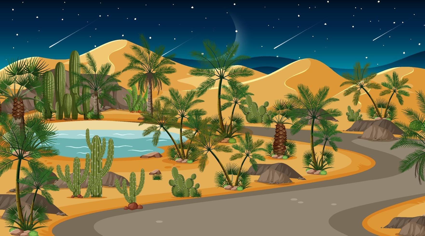 escena del paisaje del bosque del desierto en la noche vector